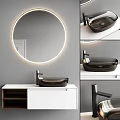 Modern Bathroom Interior With Round Illuminated Mirror Black Washbasin And White Cabinet