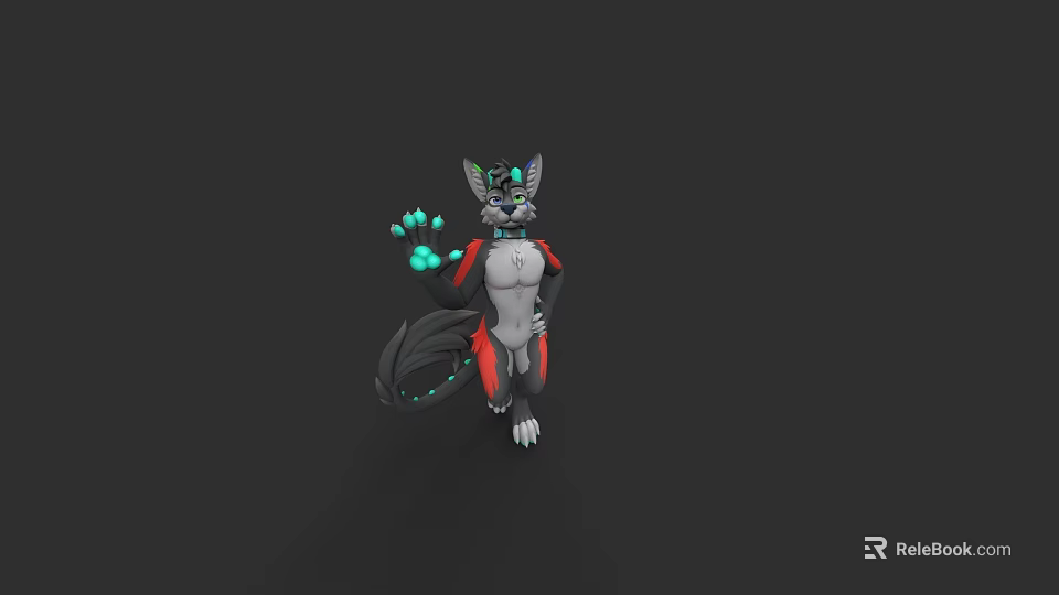 3D Wolf Like Character With Glowing Green Paws And Cybernetic Tail Design 3d model 
