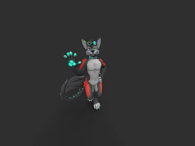3D Wolf Like Character With Glowing Green Paws And Cybernetic Tail Design 3d model