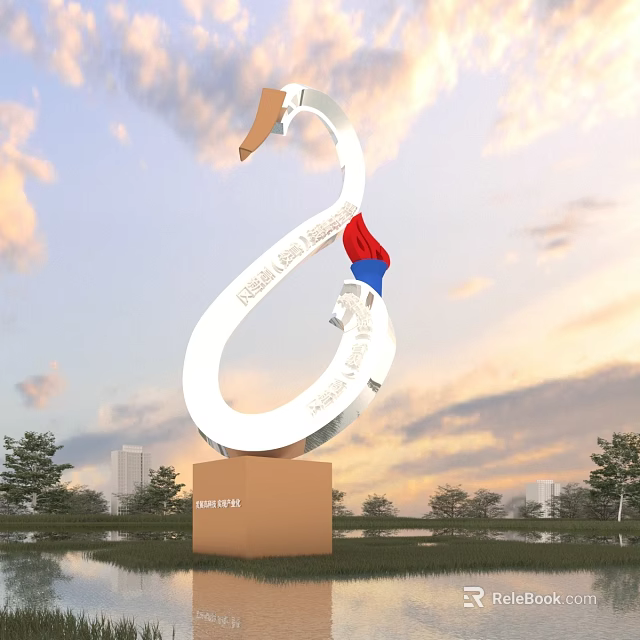 White Loop Sculpture With Inscriptions Red Blue Elements On Brown Base And City Skyline 3d model 