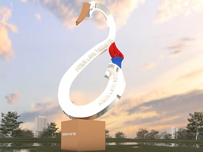 White Loop Sculpture With Inscriptions Red Blue Elements On Brown Base And City Skyline 3d model