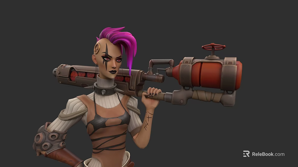 Woman With Purple Hair And Facial Tattoos Holding Large Steampunk Weapon 3d model 