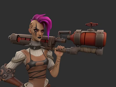 Woman With Purple Hair And Facial Tattoos Holding Large Steampunk Weapon 3d model