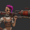 Woman With Purple Hair And Facial Tattoos Holding Large Steampunk Weapon