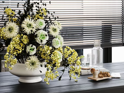 White Vase With White And Green Flowers And Yellow Small Blooms On Wooden Table With Blinds 3d model