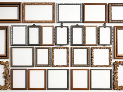 Decorative Picture Frames In Various Styles And Materials Arranged On Wall 3d model