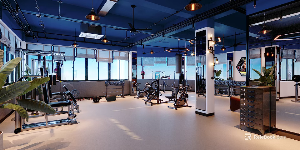Modern Fitness Gym Interior With Spacious Layout Various Workout Equipment Windows And Pendant Lights 3d model 