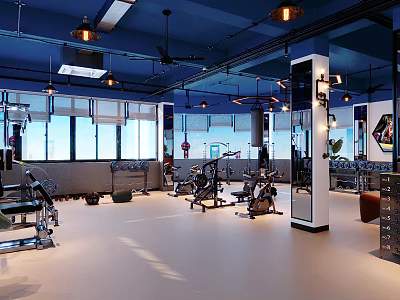 Modern Fitness Gym Interior With Spacious Layout Various Workout Equipment Windows And Pendant Lights 3d model