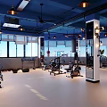 Modern Fitness Gym Interior With Spacious Layout Various Workout Equipment Windows And Pendant Lights
