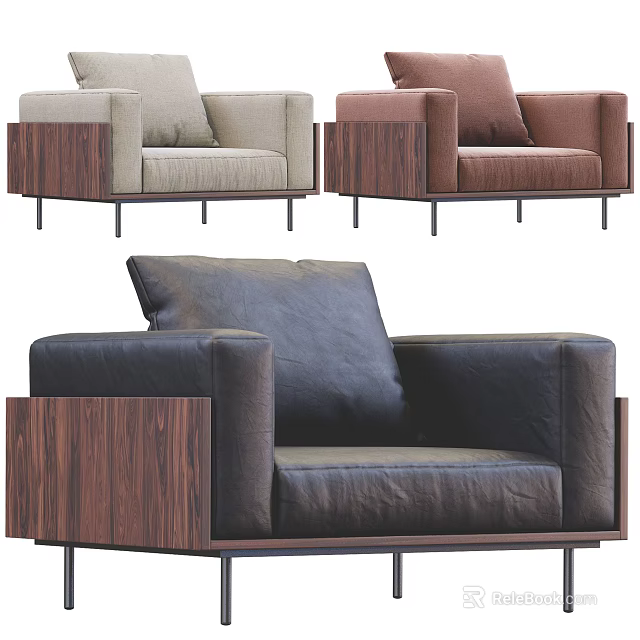 Modern Single Sofa Design With Wooden Armrests Metal Legs And Plush Cushions 3d model 