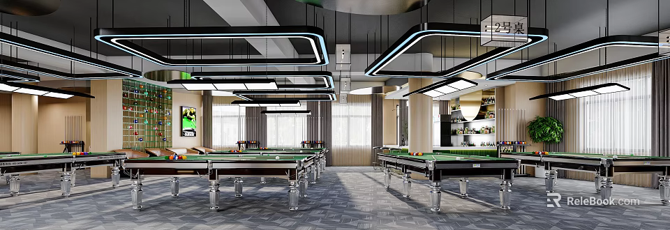 Modern Billiard Room Interior With Pool Tables And Chic Lighting 3d model