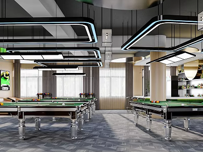 Modern Billiard Room Interior With Pool Tables And Chic Lighting 3d model