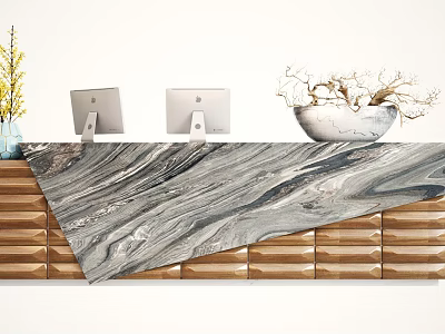 Elegant Modern Reception Desk With Marble Countertop Wooden Base Computers And Decorative Plants 3d model