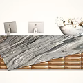 Elegant Modern Reception Desk With Marble Countertop Wooden Base Computers And Decorative Plants