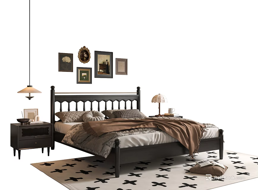 Double Bed with Black Bedframe Decorative Paintings Mirror and Nightstands with Table Lamps on Rug 3d model 