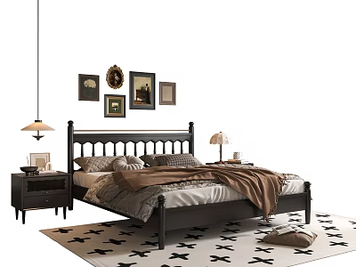 Double Bed with Black Bedframe Decorative Paintings Mirror and Nightstands with Table Lamps on Rug 3d model