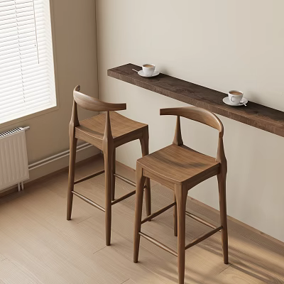 Modern Minimalist Bar Interior By Window With Wooden Counter Coffee Cups And Stools 3d model