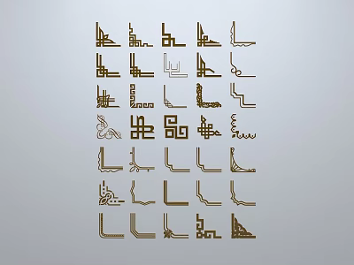 Golden Decorative Sculpture Carvings With Geometric Patterns And Matrix Arrangement On White Background 3d model