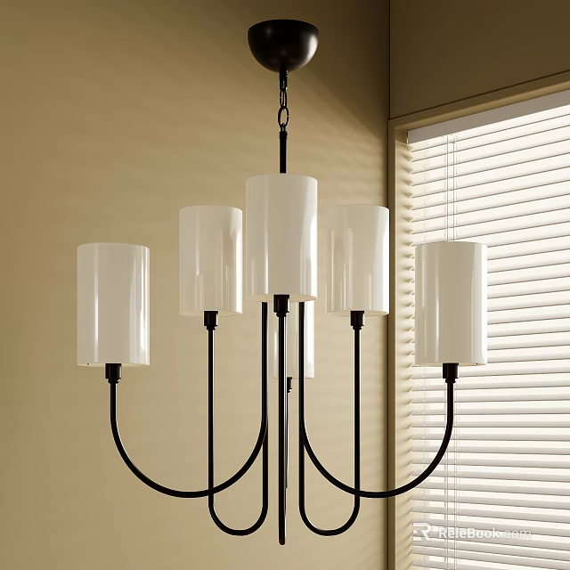 Modern Black Metal Chandelier With White Lampshades In Indoor Room With Window Blinds 3d model 