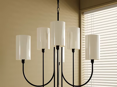 Modern Black Metal Chandelier With White Lampshades In Indoor Room With Window Blinds 3d model