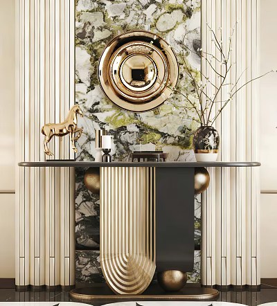 Luxury Modern Entryway Design With Gold Mirror Marble Wall And Decorative Items 3d model