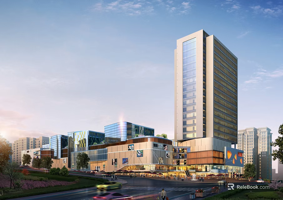 Modern Commercial Street Scene with Tall Glass Building Shops Vehicles Pedestrians and Urban Greenery 3d model 