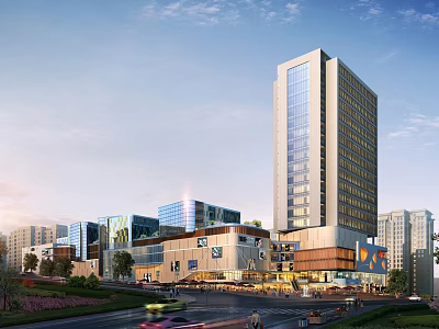Modern Commercial Street Scene with Tall Glass Building Shops Vehicles Pedestrians and Urban Greenery 3d model