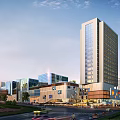 Modern Commercial Street Scene with Tall Glass Building Shops Vehicles Pedestrians and Urban Greenery