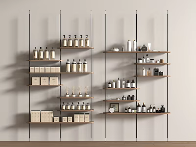 Perfumes And Cosmetics Display On Wall Mounted Shelves With Assorted Bottles Jars 3d model