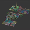Futuristic Cartoon Cityscape Scene with Domed Buildings Blue Platforms and Tower Structures