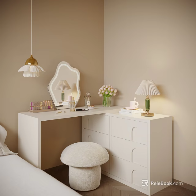 White Dressing Table With Scalloped Mirror Green Lamp Pink Flowers And Fuzzy Stool 3d model 