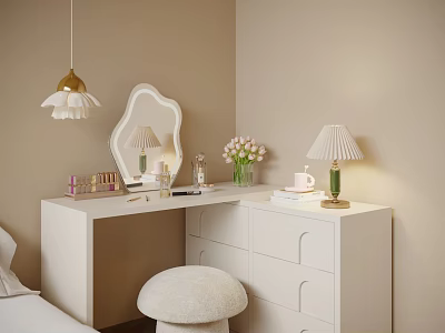 White Dressing Table With Scalloped Mirror Green Lamp Pink Flowers And Fuzzy Stool 3d model