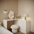 White Dressing Table With Scalloped Mirror Green Lamp Pink Flowers And Fuzzy Stool