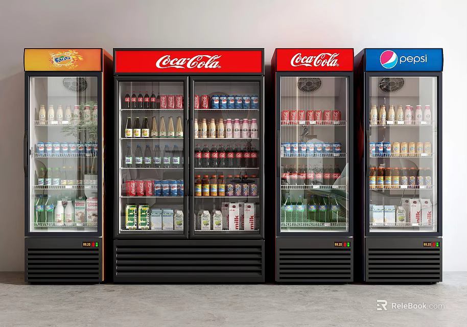 Multiple Branded Beverage Display Refrigerators Filled With Coca Cola Pepsi Drinks For Retail Store 3d model 