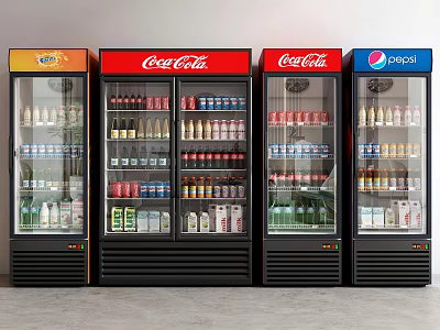 Multiple Branded Beverage Display Refrigerators Filled With Coca Cola Pepsi Drinks For Retail Store 3d model
