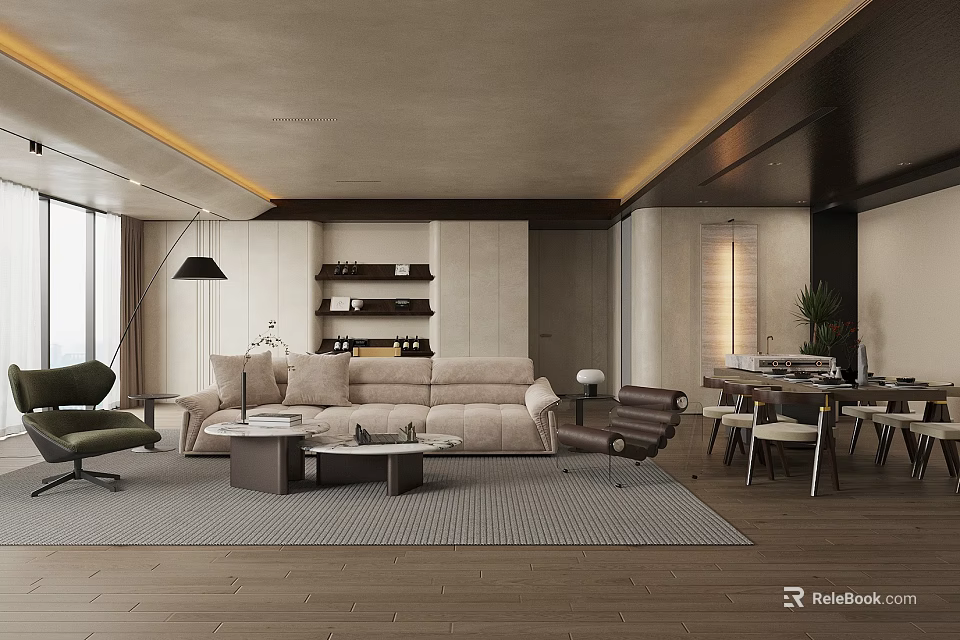 Modern Living Room Interior Design With Beige Sofa Wooden Flooring And Floor To Ceiling Windows 3d model 