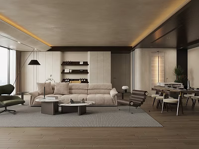 Modern Living Room Interior Design With Beige Sofa Wooden Flooring And Floor To Ceiling Windows 3d model
