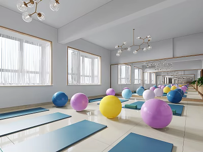 Spacious Bright Fitness Studio Featuring Colorful Yoga Balls And Blue Mats 3d model