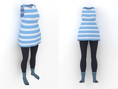 Blue And White Striped Sleeveless Dress With Black Leggings And Striped Socks 3d model