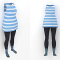 Blue And White Striped Sleeveless Dress With Black Leggings And Striped Socks