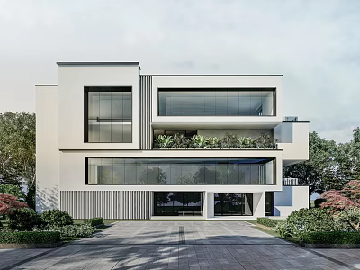 Modern Detached Villa with Large Glass Windows White Exterior Greenery and Front Driveway 3d model
