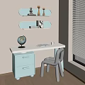 Kids Desk With White Top Light Blue Drawers Globe Book Lamp Gray Chair And Wall Shelves