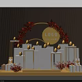 Elegant Exhibition Stand With Golden Logo Red Flower Garland White Tiered Structures And Gift Boxes