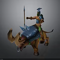 Blue Armored Fantasy Warrior Riding Horned Brown Rhino With Spear