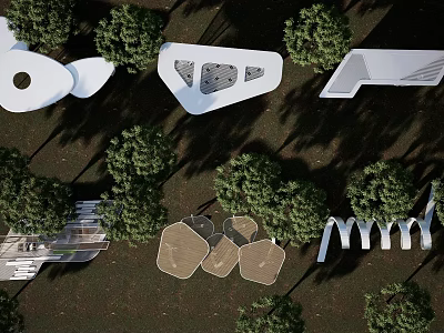 Outdoor Garden Pergola With Surrounding Trees And Wooden Seating Area 3d model