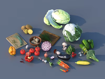 Assorted Fresh Vegetables Display With Cabbage Cauliflower Carrots Tomatoes And Broccoli 3d model