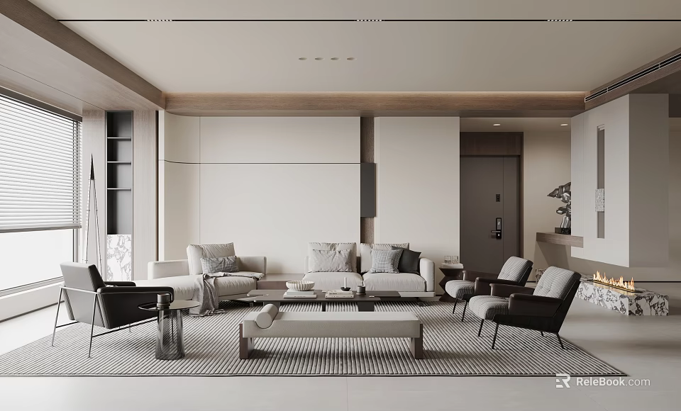 Modern Living Room with Light Colored Sofa Coffee Table and Floor to Ceiling Windows 3d model 
