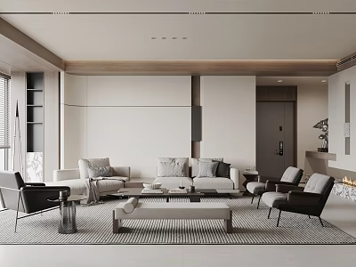 Modern Living Room with Light Colored Sofa Coffee Table and Floor to Ceiling Windows 3d model