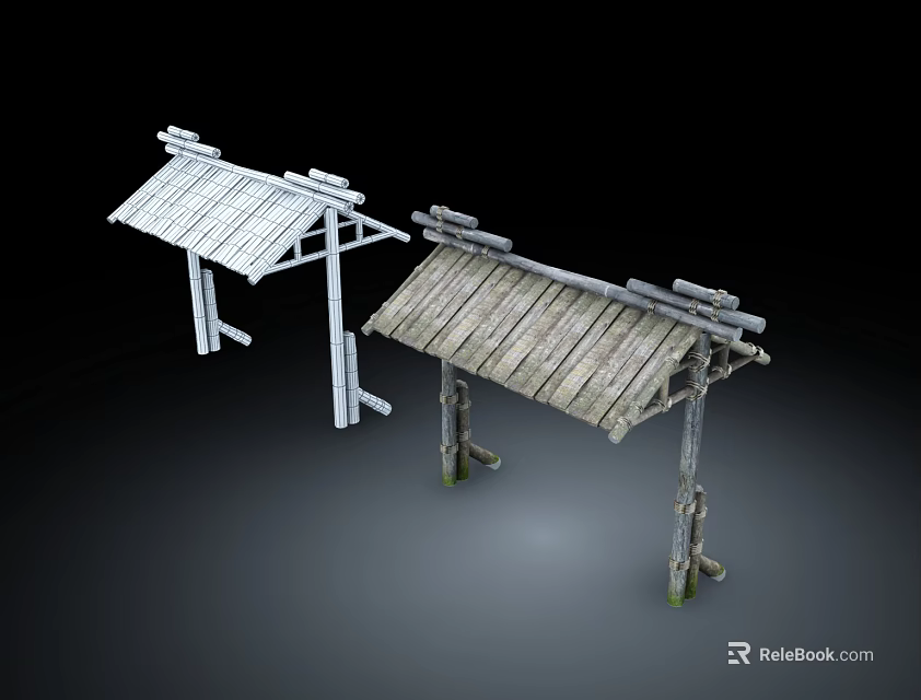 Traditional Wooden Entrance Gate Design With Rustic Roof And Log Support Posts 3d model 