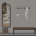 Modern Entryway With Arched Mirror Coat Hooks Leather Bench And Hanging Bag